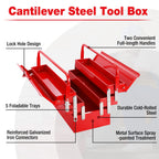 Metal Tool Box, 18-inch Cantilever Folding Red StoraBox, 3-Layer 5-Tray Multi-Function Tool Organizer, Red