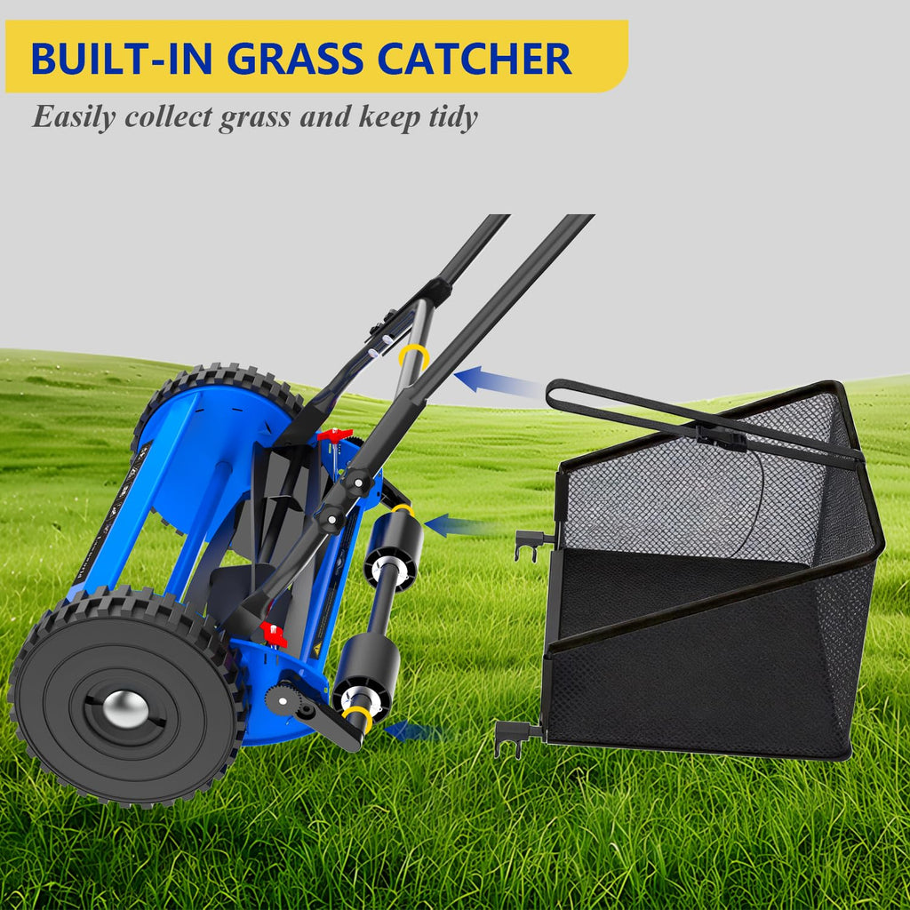 16-Inch Reel Lawn Mower with Grass Catcher and Tool-Blade Adjustment, 5-Blade Manual Push Lawn Mower, 5-Position Height Adjustable