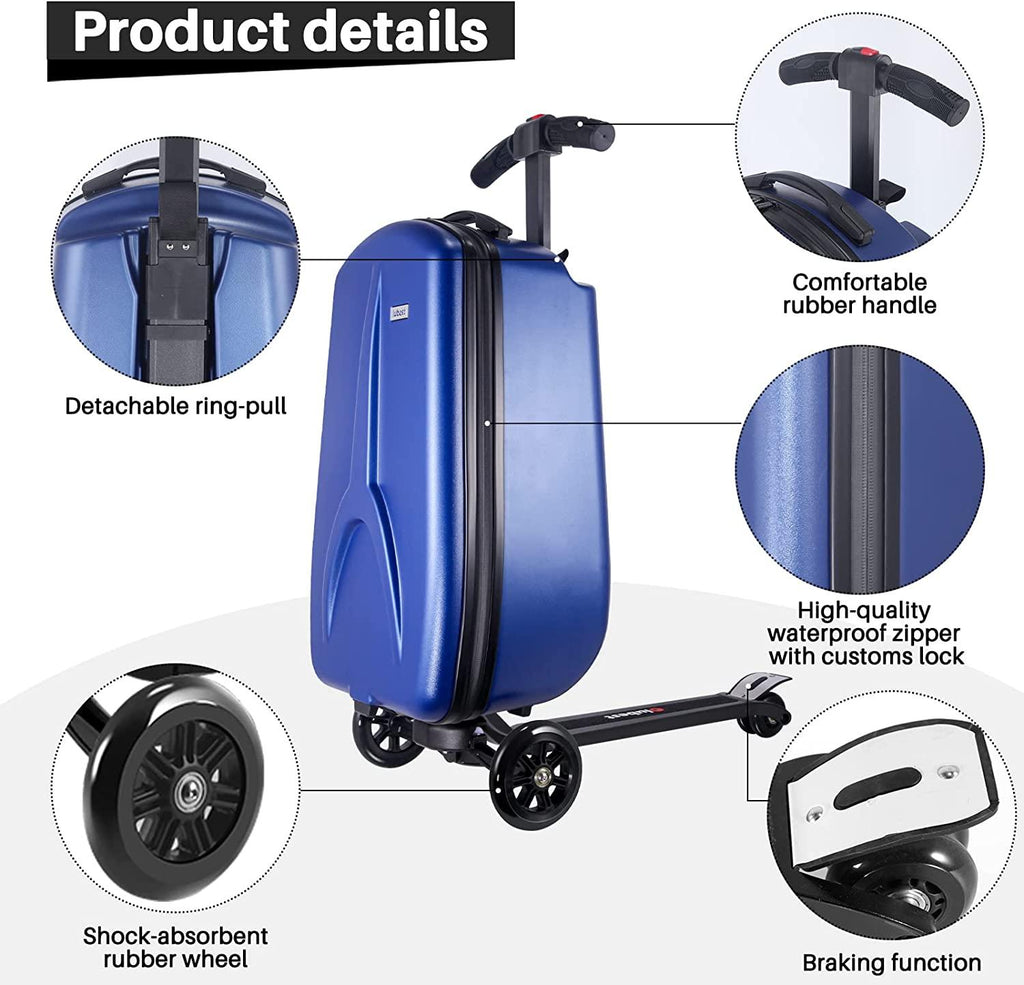 Scooter Luggage for Kids/Adult, 50L Ride On Scooter Suitcase Foldable Aluminum Trolley Case Travel Luggage for Business and School Boys and Girls-Navy Blue