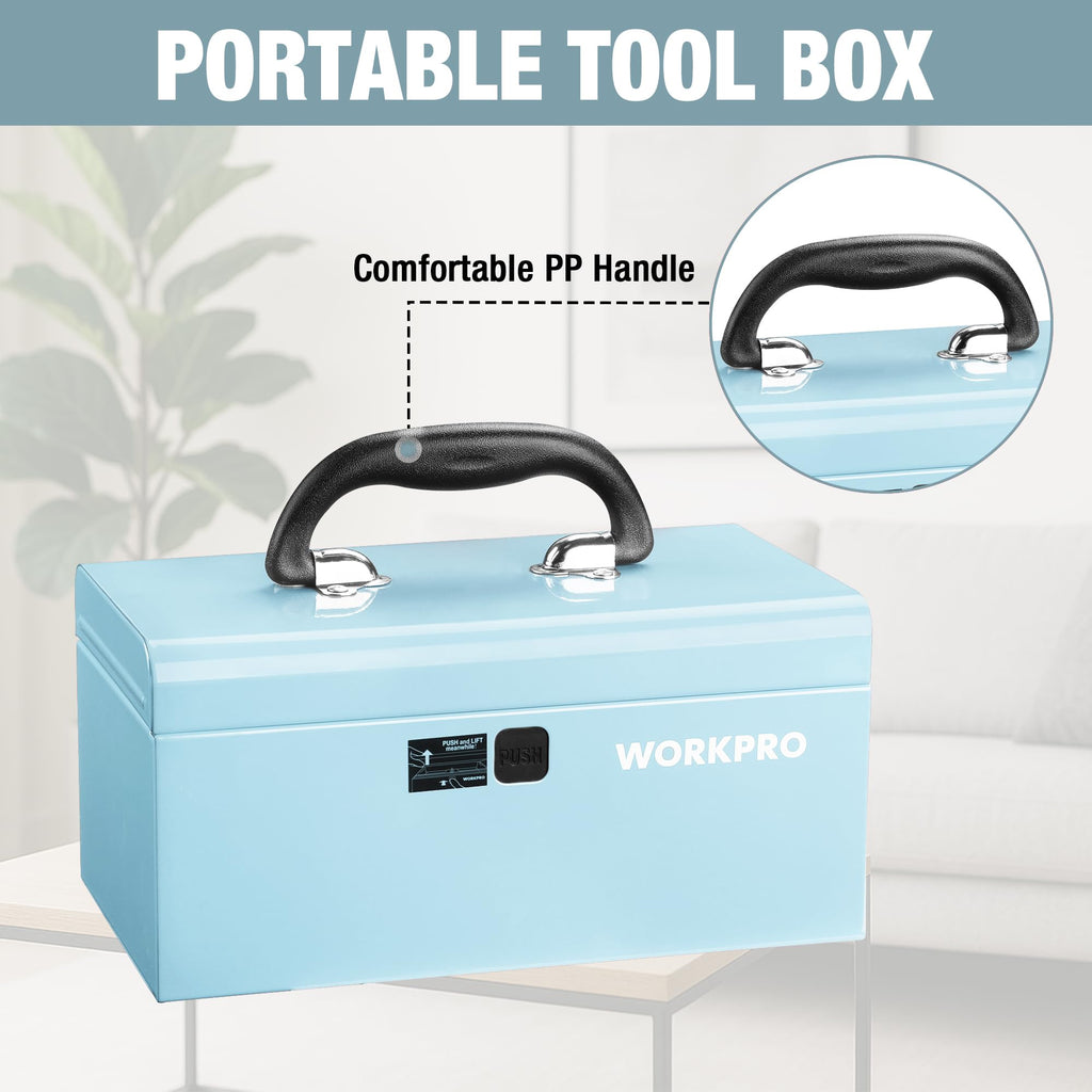 10.8" Mini Metal Tool Box with Removable Tray | Steel Toolbox, One-Button Latch, PP Handle, Removable Tray, Portable Storage, Home and Workshop Organization