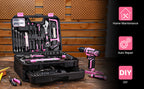 Pink Tool Kit Box Drill Set： Home Mechanic Toolbox with 12V Power Cordless Drill Hand Repair Tools Sets Combo Kits StoraOrganizer Drawer Case for Men & Women