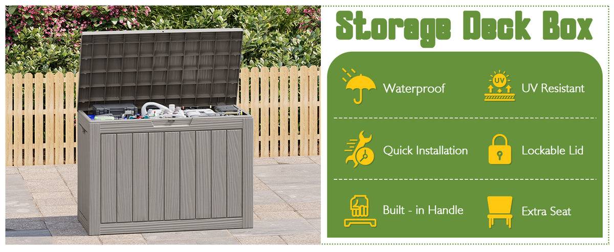 Outdoor StoraBox, 45 Gallon Deck Box with Lockable Lid, Waterproof Resin StoraBin for Cushions, Garden Tools, Patio Furniture, Grey
