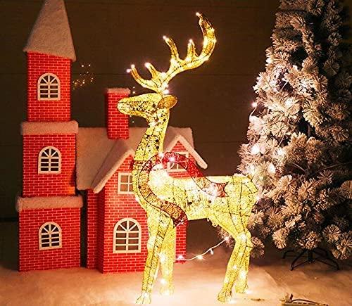 ZJDU Lit Artificial Christmas Décor, Outdoor Christmas Gold Champagne Lighted Deer Buck Doe &amp; Fawn Set Outdoor Yard Decoration Light Up Display,Male Deer