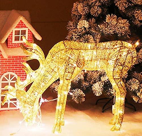 ZJDU Lit Artificial Christmas Décor, Outdoor Christmas Gold Champagne Lighted Deer Buck Doe &amp; Fawn Set Outdoor Yard Decoration Light Up Display,Male Deer