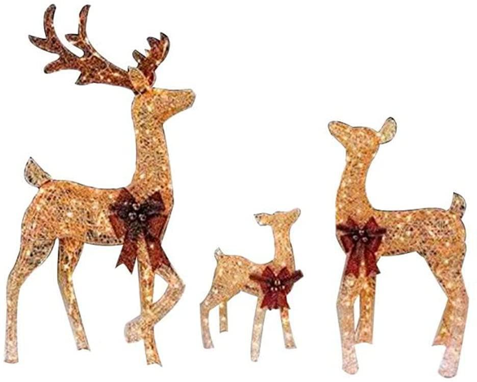 ZJDU Lit Artificial Christmas Décor, Outdoor Christmas Gold Champagne Lighted Deer Buck Doe &amp; Fawn Set Outdoor Yard Decoration Light Up Display,Male Deer