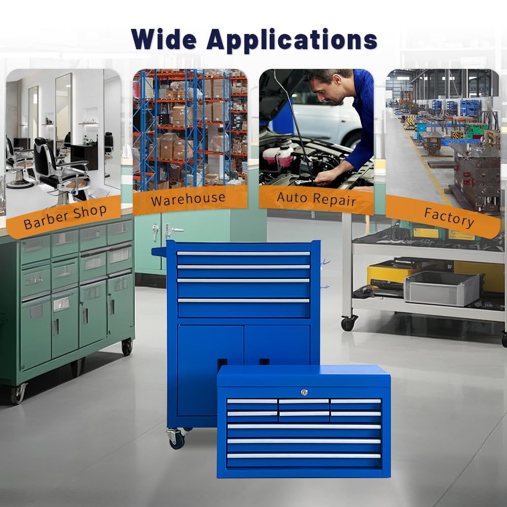 13-Drawer Rolling Tool Chest with Double Doors, 2 in 1 Detachable Rolling Tool Chest Combo, Mobile Tool Cabinet with Drawers, Metal LarLockable Tool Box for GaraWorkshop (Blue)