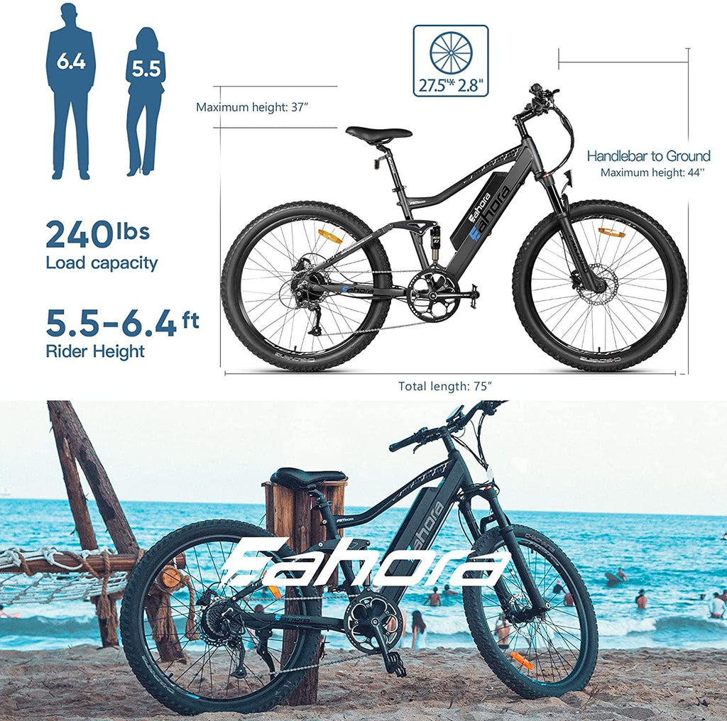 eAhora AM100 Plus 48V 12AH Electric Mountain Bike 27.5IN Urban Electric Bikes for Adults, Dual Hydraulic Brakes, Full Air Suspension, Color Password Display, Removable Battery, 9 Speed Gears