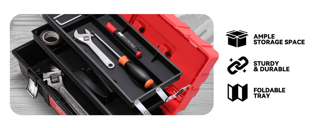 Tool Box Organizer Portable 3-layer Folding Toolbox with Non-slip Handle Tray for Garage, Workshop and On-the-Go Repairs, Red/Black