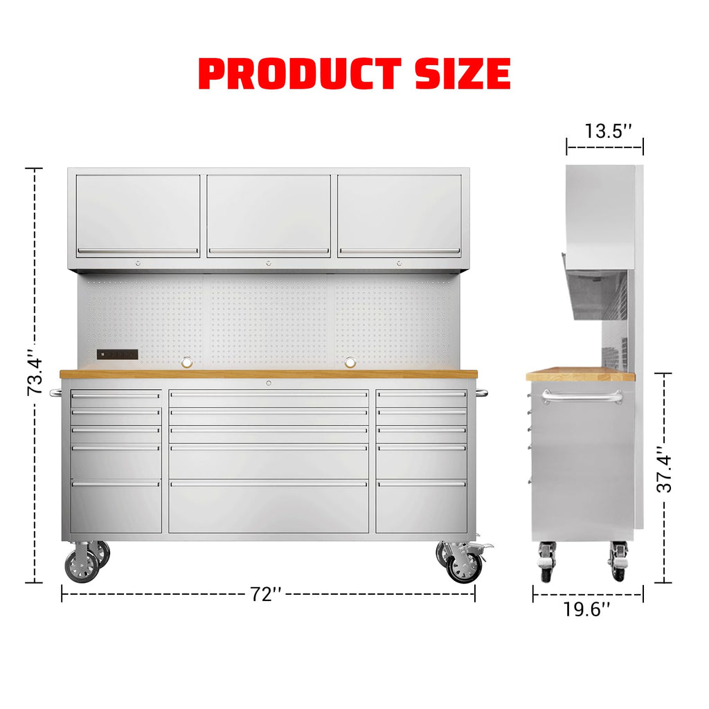 72-inch Rolling Tool Cabinet Mobile Workbench Tool Chest with 15 StoraDrawers, Wheels, 3 Uper Cabinet, Outlet, SS Pegboard,  Steel