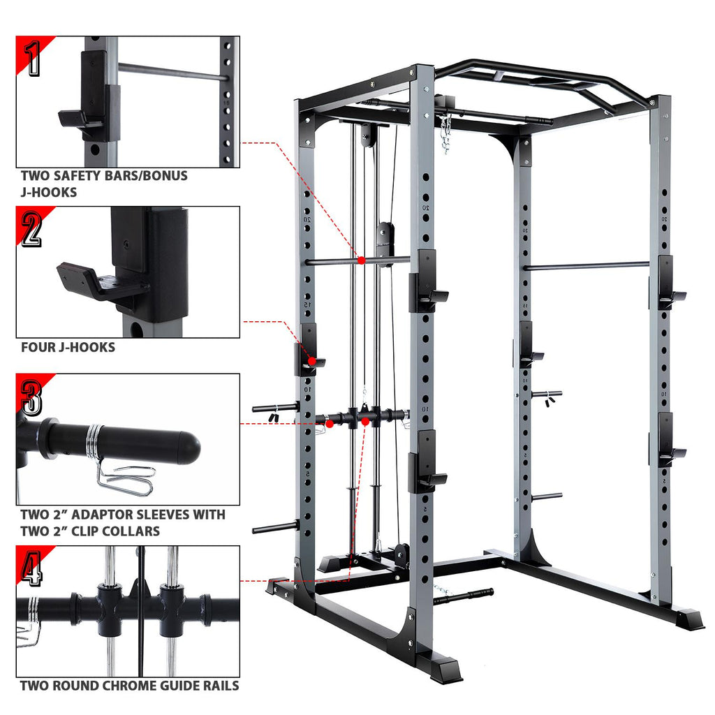 Vanswe Power Cawith LAT Pull Down Power Rack with J-Hooks, Safety Bars 1300 pound Weight Capacity 2鑴2.75 inch Steel