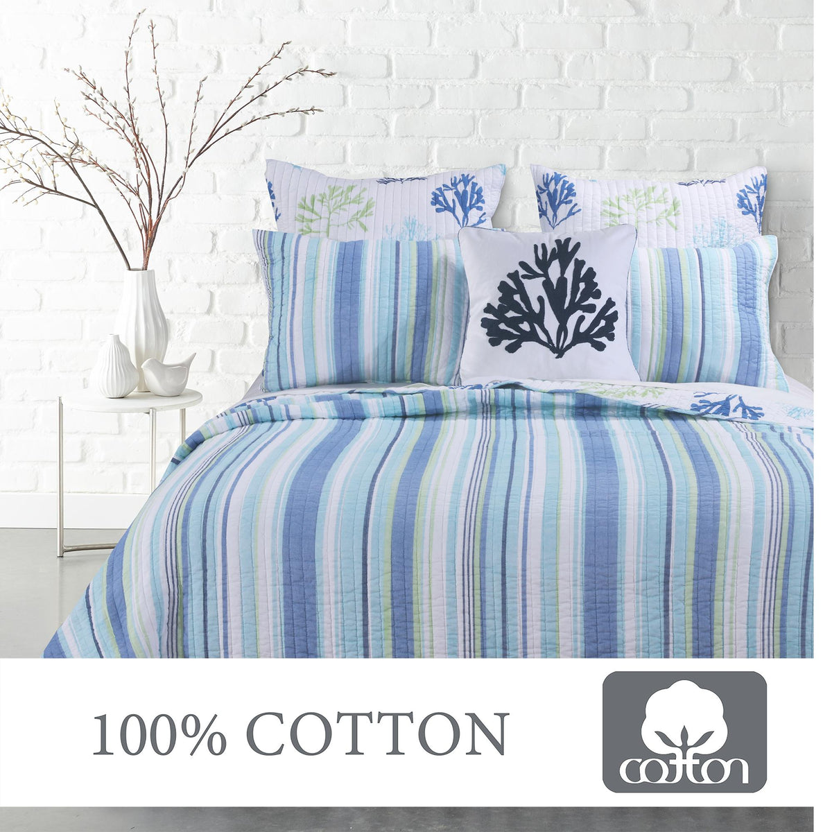 Levtex Home - Copa Cabana Quilt Set - Twin/Twin XL Quilt (68x86in.) + One Standard Pillow Sham (26x20in.) - Coastal - Blue, Green and White - Reversible - Cotton Fabric