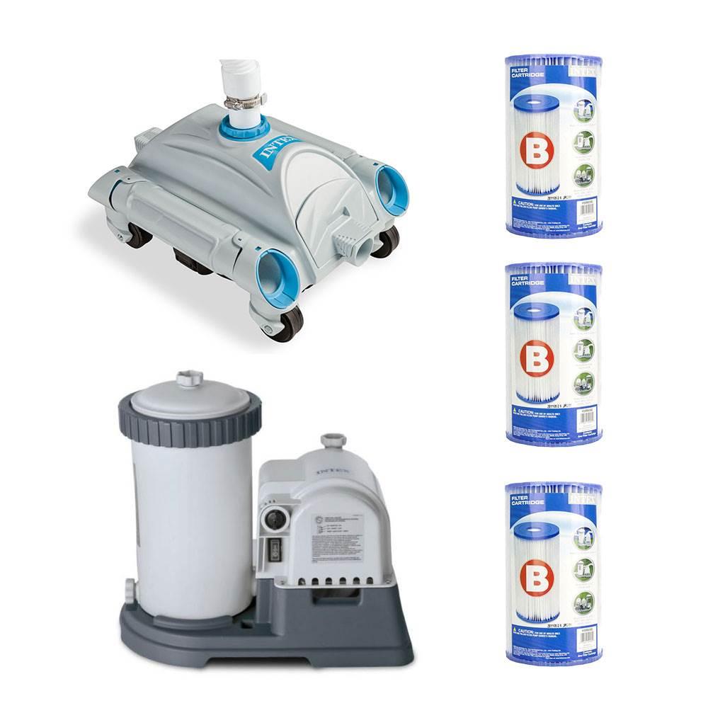 intex automatic pool vacuum, filter pump &amp; tybe b replacement cartridge (3 pack)