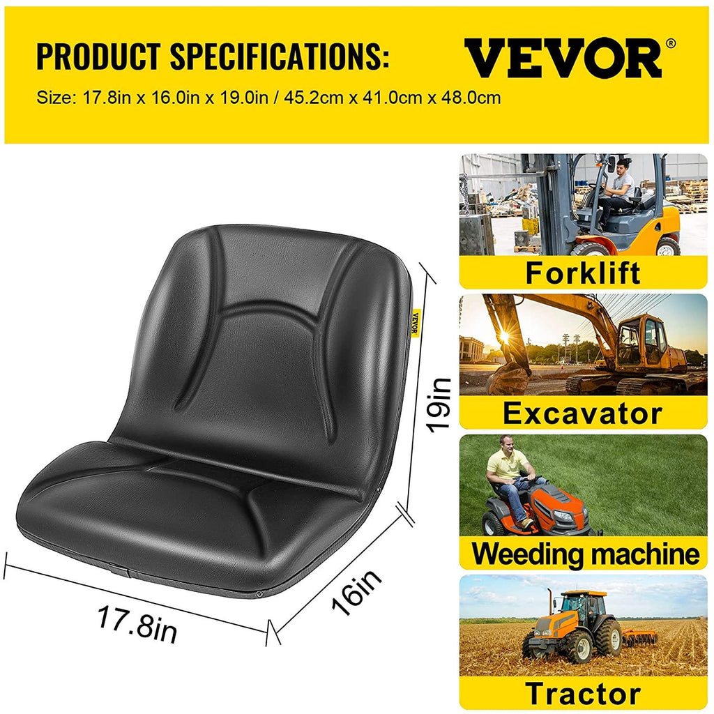 vevor universal kubota seat replacement, compact high back tractor seat, black vinyl forklift seat, 17.8" x 16" x 19" skid steer seat with pre-drilled holes, fit forklift, tractor, skid loader