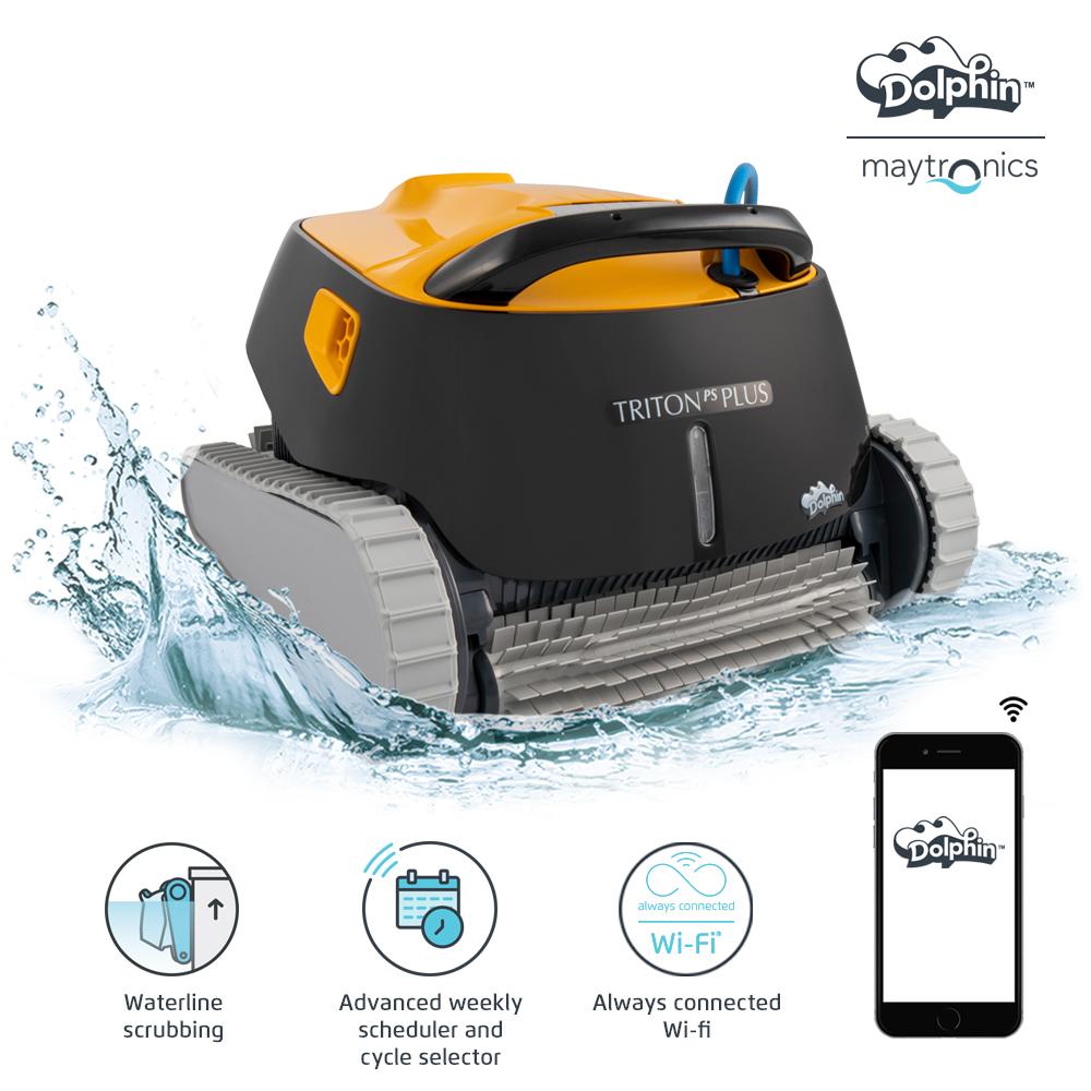dolphin triton ps plus wifi operated robotic pool [vacuum] cleaner - ideal for in ground swimming pools up to 50 feet - powerful suction to pick up small debris - easy to clean top load filter basket