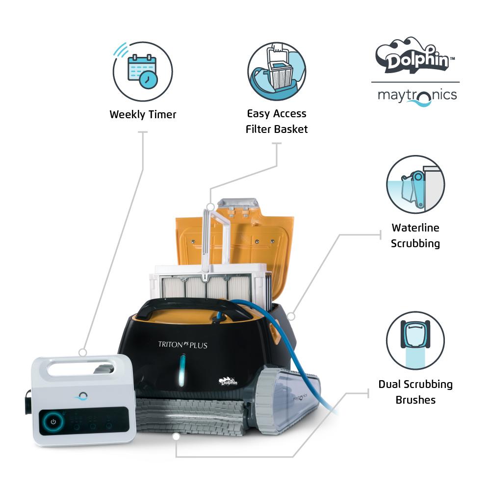 dolphin triton ps plus wifi operated robotic pool [vacuum] cleaner - ideal for in ground swimming pools up to 50 feet - powerful suction to pick up small debris - easy to clean top load filter basket
