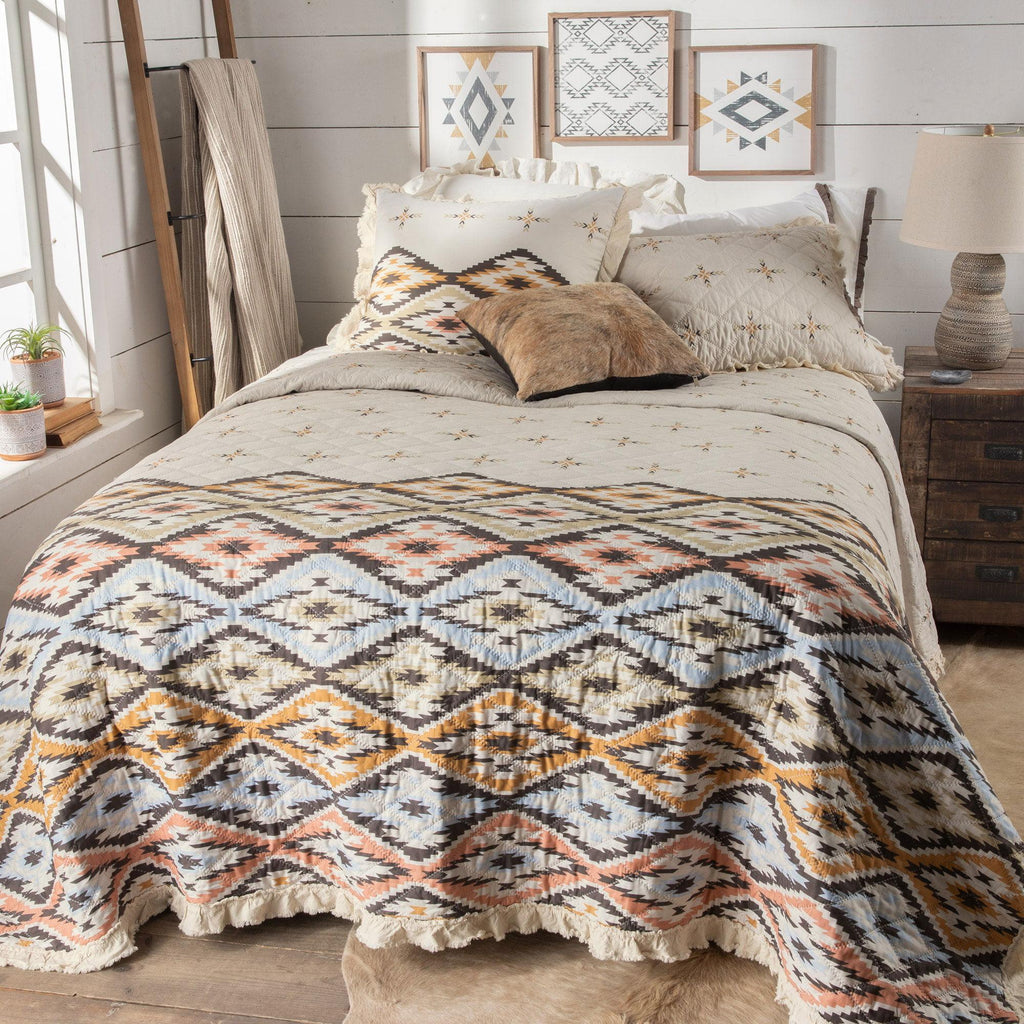 Arroyo Ruffle Southwest AzDiamond Coral, Brown, Green and Blue with Ruffle Twin Quilt Set