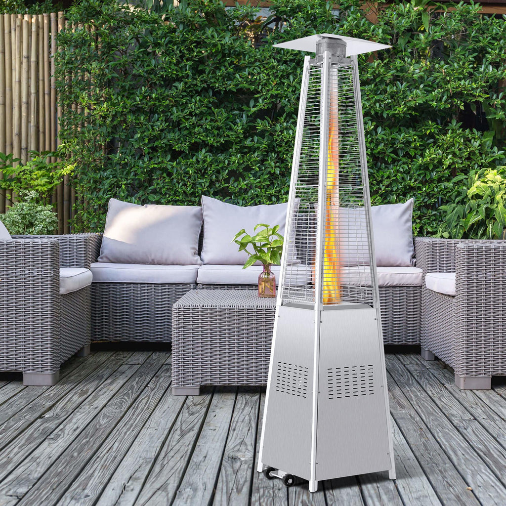42000 BTU Stainless Steel Material Pyramid Glass Tube Flame Outdoor Heater with Long Strips of Flame with Aluminum Top Reflector Shield Heating Up to 115 Square feet