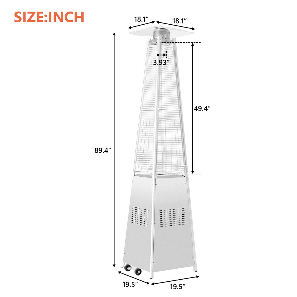 42000 BTU Stainless Steel Material Pyramid Glass Tube Flame Outdoor Heater with Long Strips of Flame with Aluminum Top Reflector Shield Heating Up to 115 Square feet