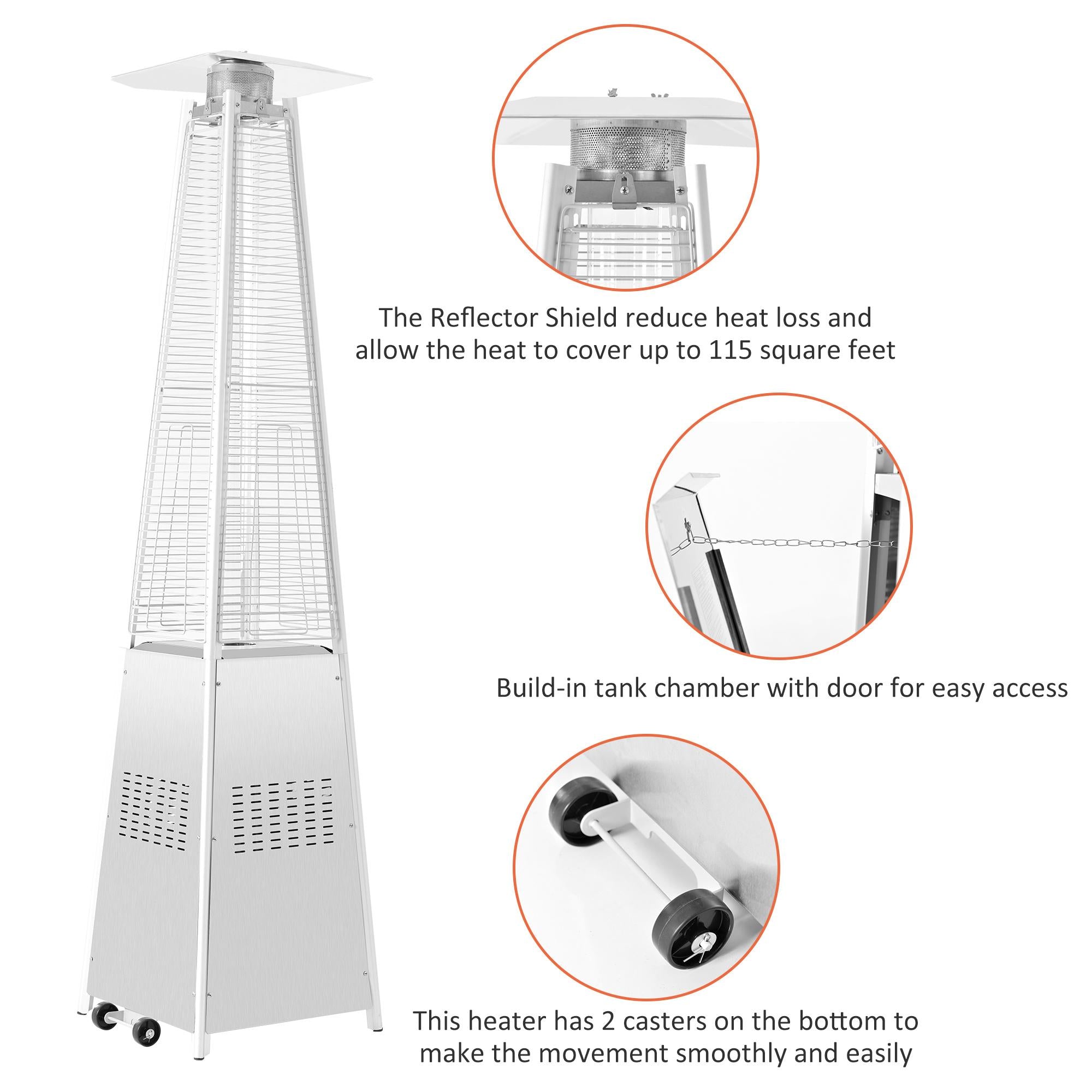 42000 BTU Stainless Steel Material Pyramid Glass Tube Flame Outdoor Heater with Long Strips of Flame with Aluminum Top Reflector Shield Heating Up to 115 Square feet