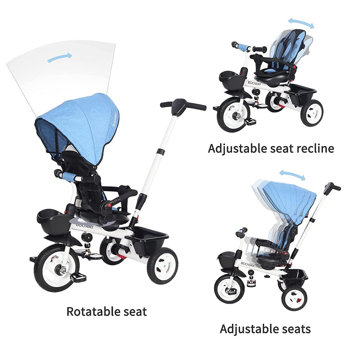 BOOWAY Baby Tricycle, 6-in-1 Kids Stroller Tricycle with Adjustable Push Handle, Removable Canopy, Safety Harness for 6 Months - 5 Year Old
