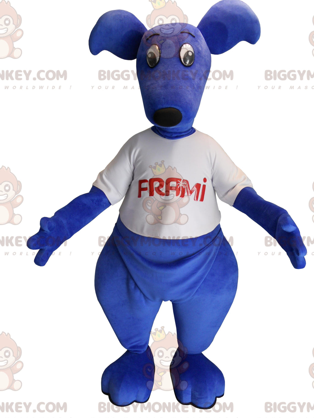 Blue kangaroo BIGGYMONKEYmascot costume with t-shirt. BIGGYMONKEYFrami Mascot Costume