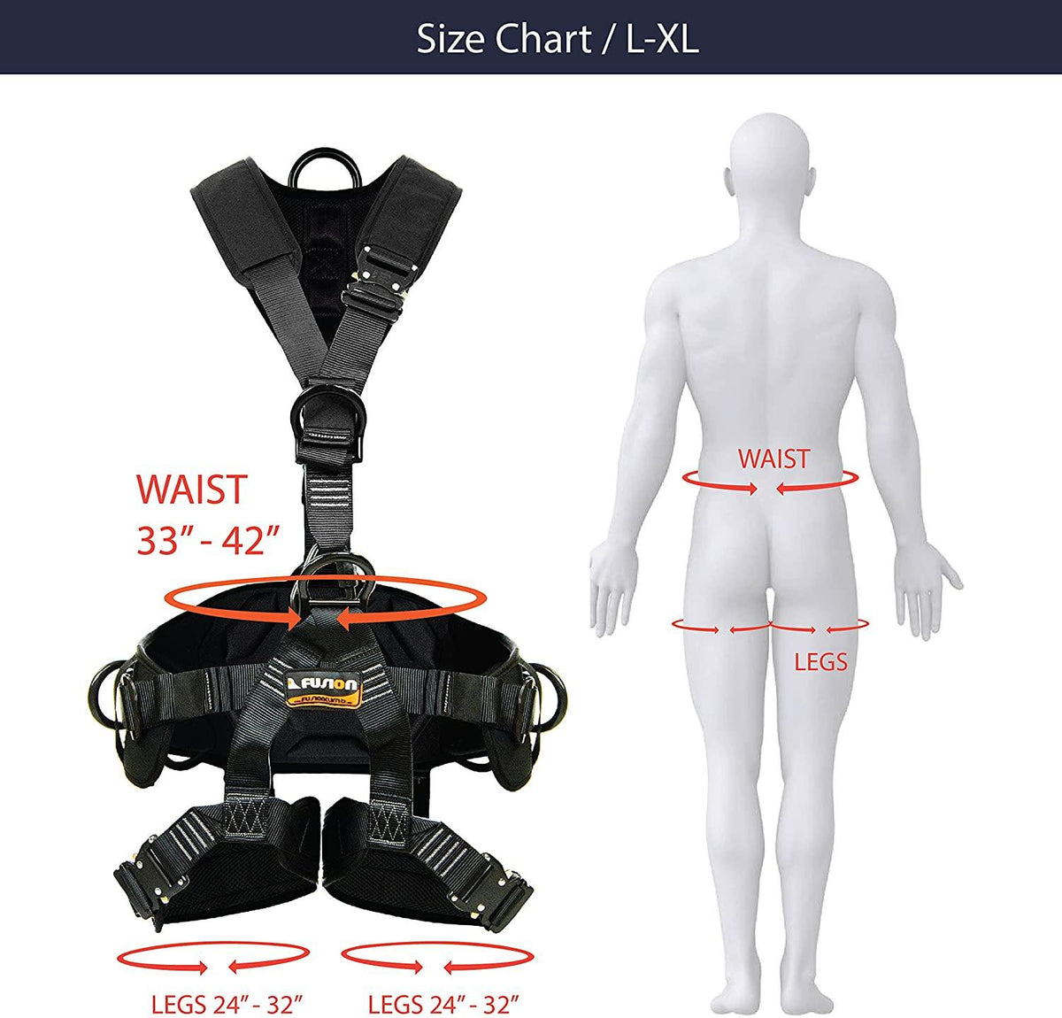 Fusion Climb Tac Rescue Tactical Full Body 3D EVA Padded Heavy Duty Adjustable Zipline Harness 23kN L-XL Black