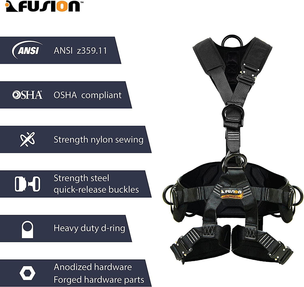Fusion Climb Tac Rescue Tactical Full Body 3D EVA Padded Heavy Duty Adjustable Zipline Harness 23kN L-XL Black