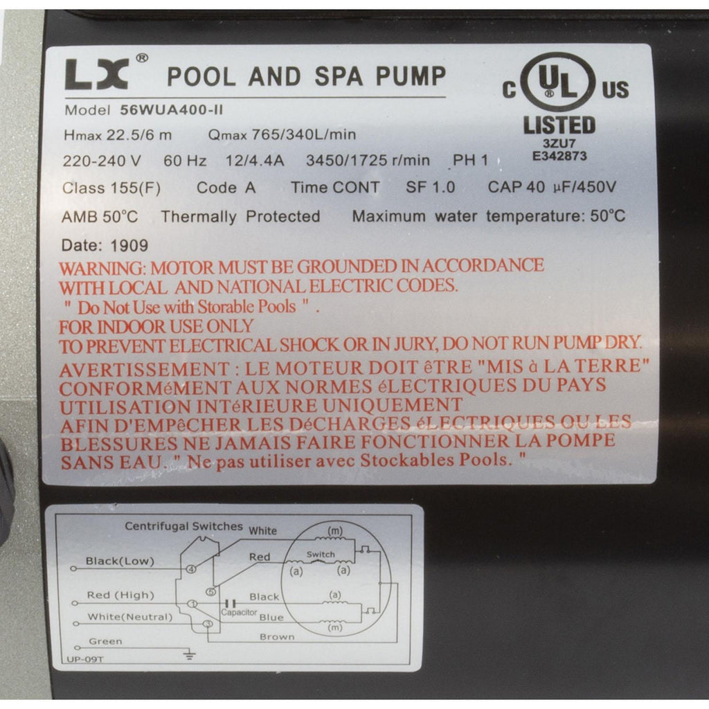 Lingxiao Pump Pump, LX 56WUA, 4.0hp, 230v, 2-Spd, 56Fr, 2", SD, Bracketless