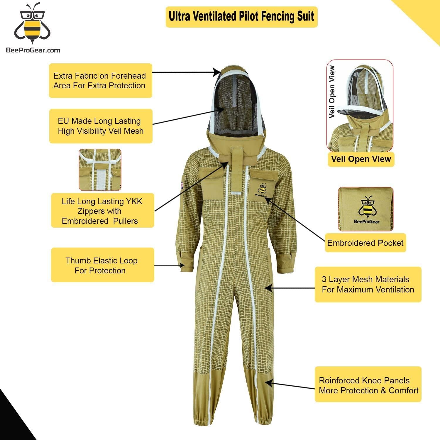 beeprogear ultra ventilated pilot suit fencing veil brown unisex white fabric mesh beekeeping suit| pilot style beekeeper suit | double zip from neck to toes | 3 layers bee keeper suit (x-large)