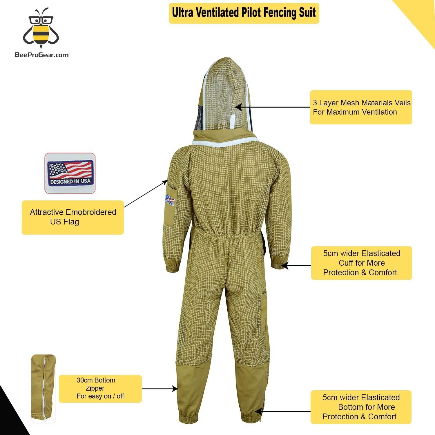 beeprogear ultra ventilated pilot suit fencing veil brown unisex white fabric mesh beekeeping suit| pilot style beekeeper suit | double zip from neck to toes | 3 layers bee keeper suit (x-large)