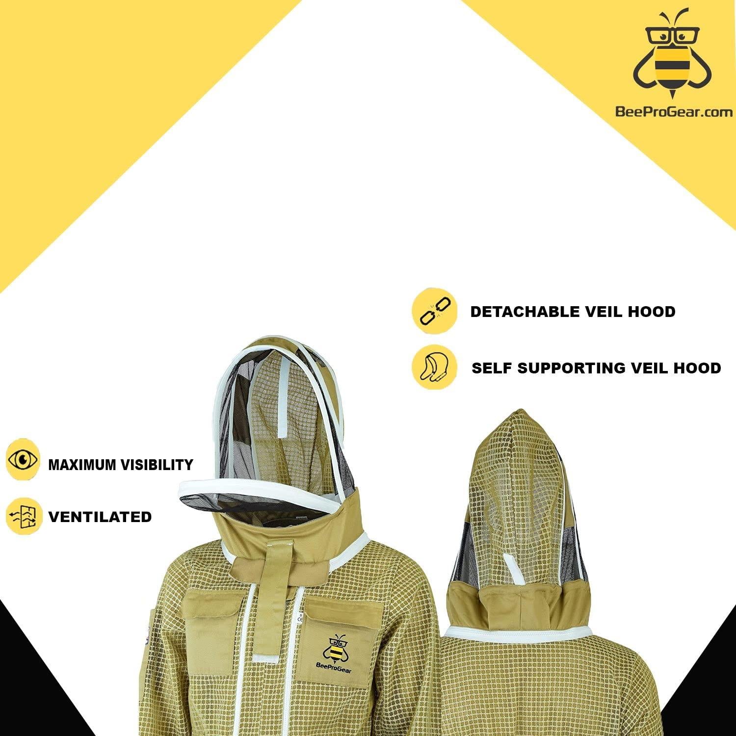 beeprogear ultra ventilated pilot suit fencing veil brown unisex white fabric mesh beekeeping suit| pilot style beekeeper suit | double zip from neck to toes | 3 layers bee keeper suit (x-large)