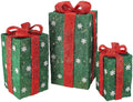 Set of 3 Pre-Lit Green and Red Gift Boxes Christmas Outdoor Decor 18"