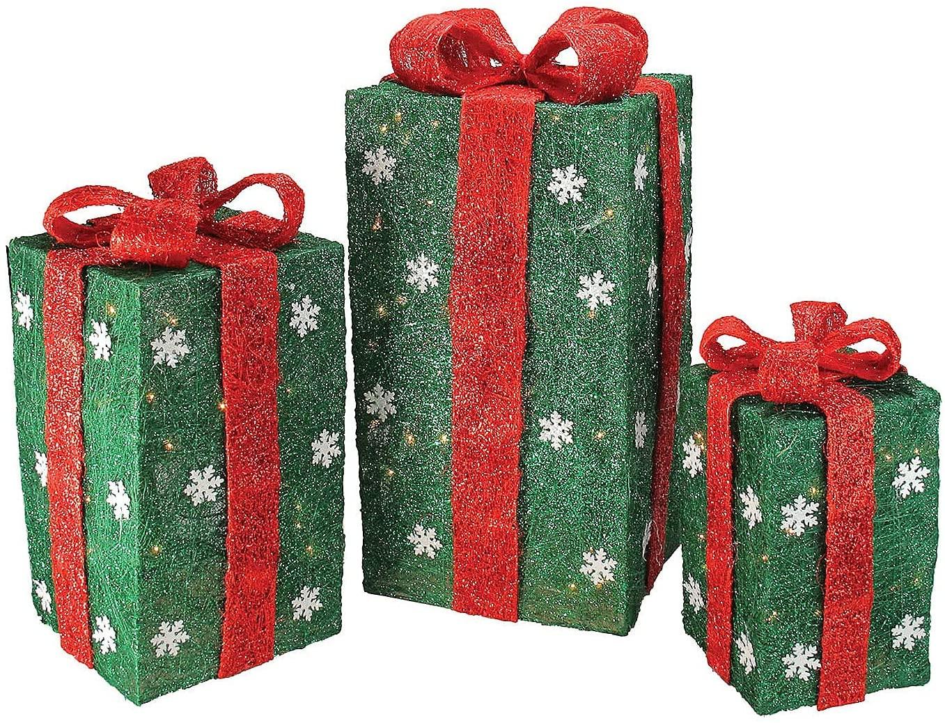 Set of 3 Pre-Lit Green and Red Gift Boxes Christmas Outdoor Decor 18"