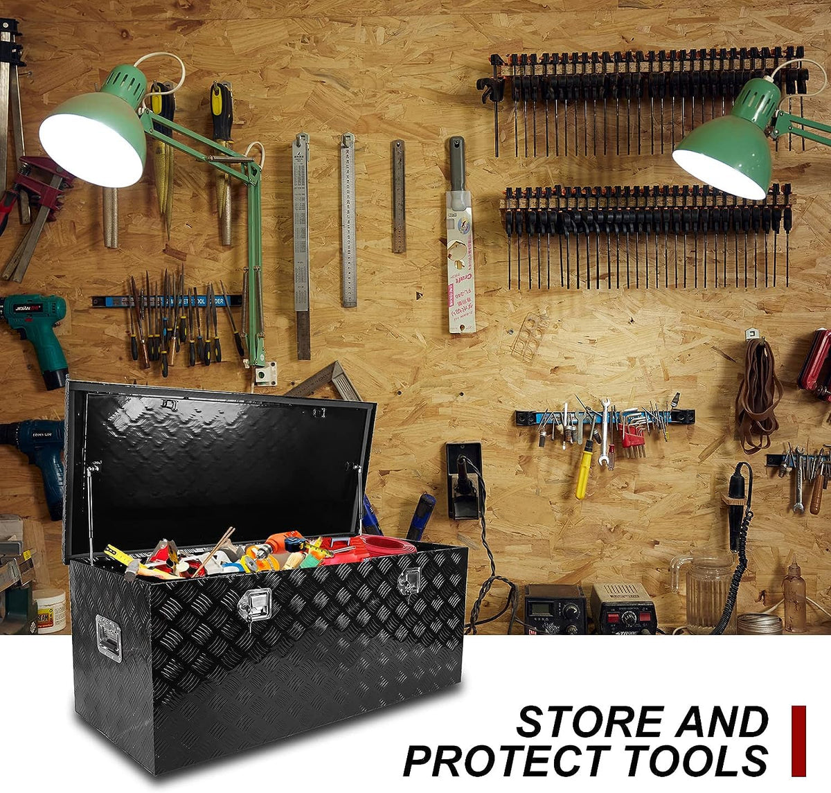 48 Inch Heavy Duty Aluminum Stripes Plated Tool Box Pick Up Truck Bed RV Trailer Toolbox Square StoraOrganizer with Side Handle, Lock and Keys, Waterproof -48"x 19.5"x 17.5"，Black