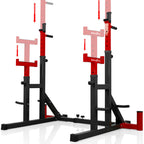 STOZM Premium Adjustable Squat Rack/Barbell Rack Multi-Functional Barbell Bench Press &amp; Dipping Station For Home Gym, Weight Lifting, Max Loading 770Lbs (Red)