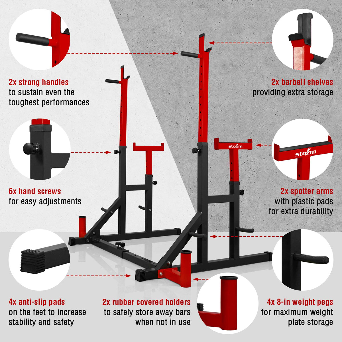 STOZM Premium Adjustable Squat Rack/Barbell Rack Multi-Functional Barbell Bench Press &amp; Dipping Station For Home Gym, Weight Lifting, Max Loading 770Lbs (Red)