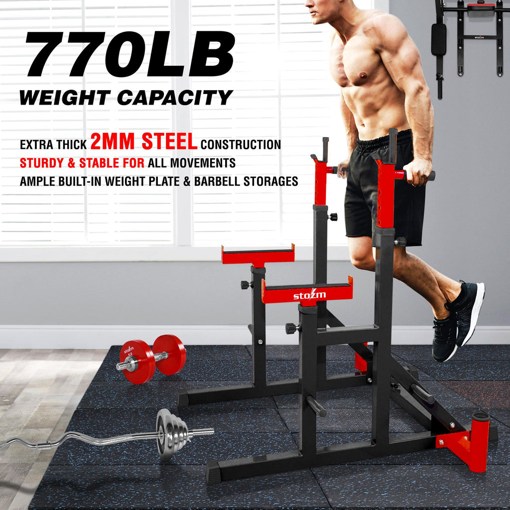 STOZM Premium Adjustable Squat Rack/Barbell Rack Multi-Functional Barbell Bench Press &amp; Dipping Station For Home Gym, Weight Lifting, Max Loading 770Lbs (Red)