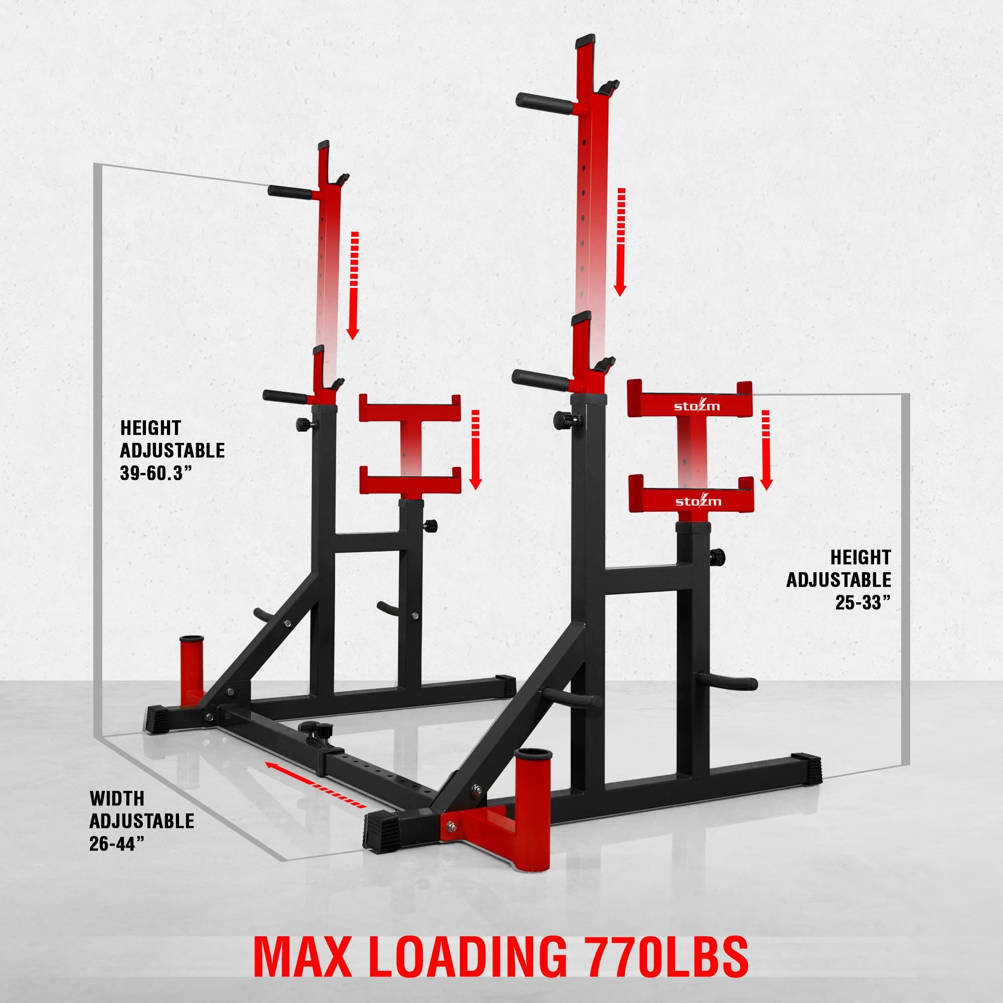 STOZM Premium Adjustable Squat Rack/Barbell Rack Multi-Functional Barbell Bench Press &amp; Dipping Station For Home Gym, Weight Lifting, Max Loading 770Lbs (Red)