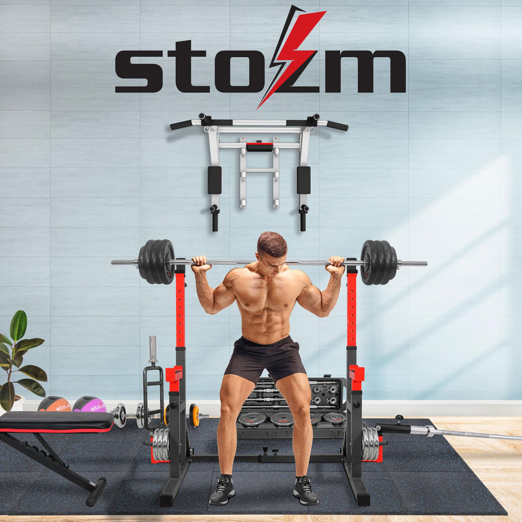STOZM Premium Adjustable Squat Rack/Barbell Rack Multi-Functional Barbell Bench Press &amp; Dipping Station For Home Gym, Weight Lifting, Max Loading 770Lbs (Red)