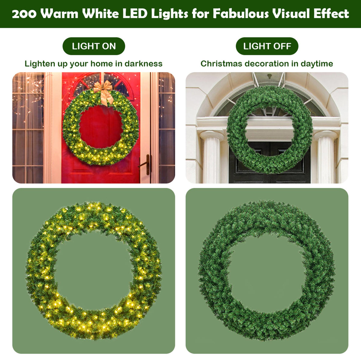 Gymax 48'' Pre-Lit Artificial Christmas Wreath Holiday Decoration w/ LED Lights