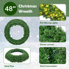 Gymax 48'' Pre-Lit Artificial Christmas Wreath Holiday Decoration w/ LED Lights