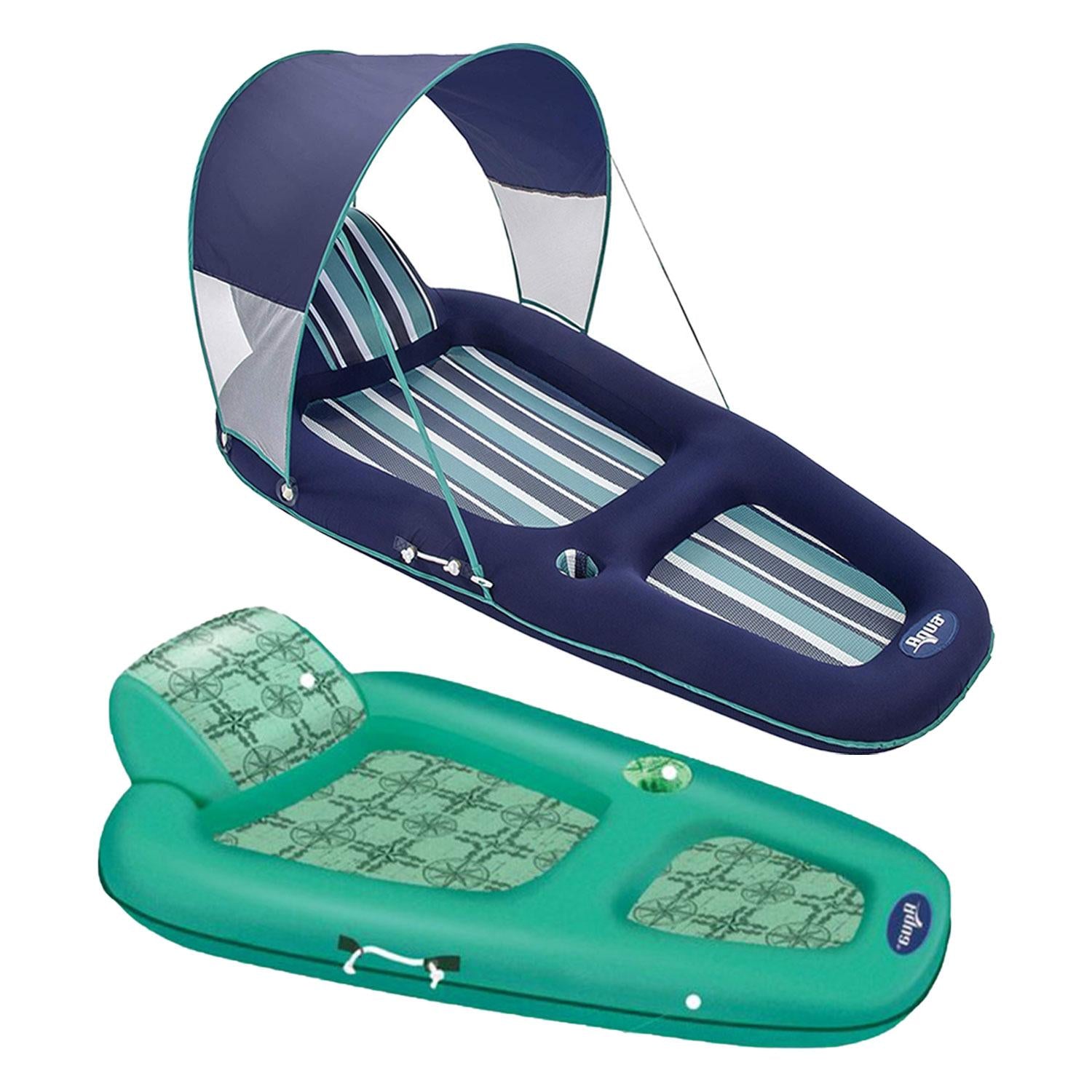 Aqua Leisure Inflatable Pool Float with Removable Sunshade Canopy, Blue Stripe and Luxury Recliner Chaise Style Lounge Chair,