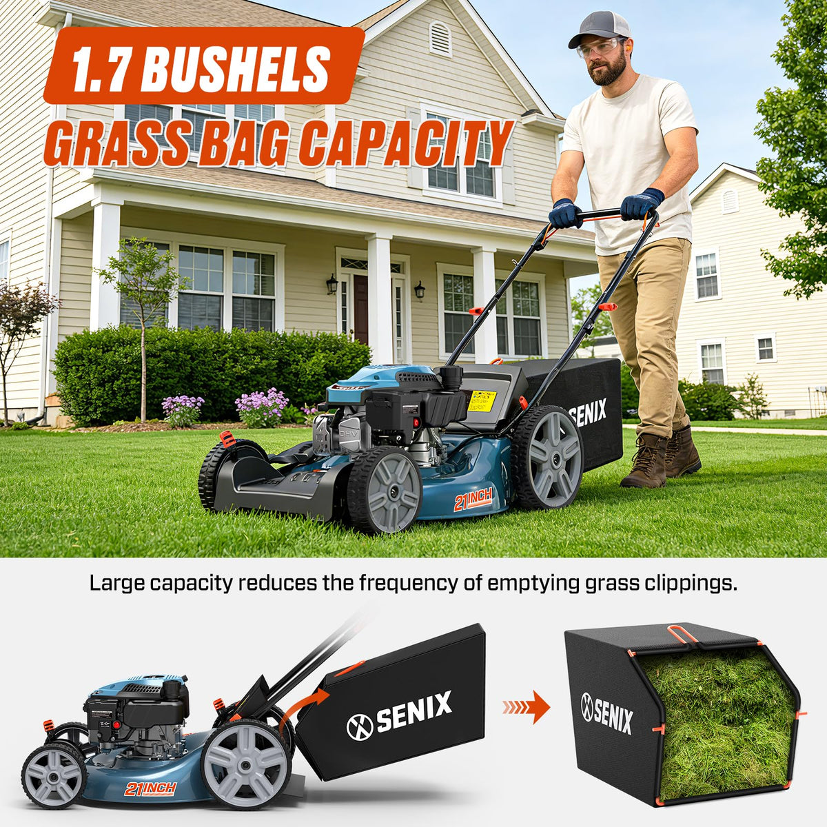 21'' Self-Propelled Gas Lawn Mower (FWD), 170 cc 4-Cycle Engine 3.8 HP, 3-in-1 (Bagging/Mulching/Side Discharge), 6-Position Cutting Height Adjustment, 1.7 Bushels Grass Bag