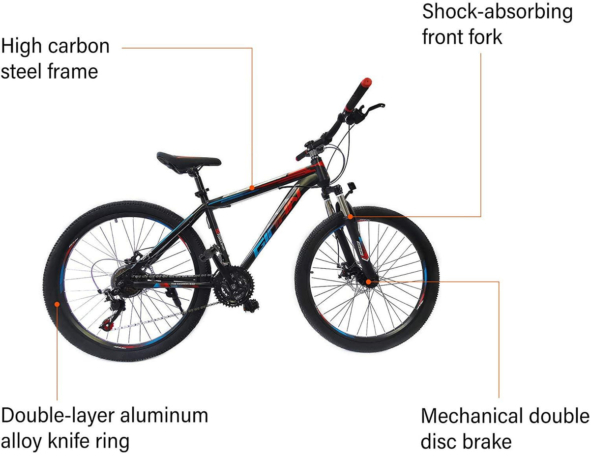 HIRUNS Full Mountain Bike, Men and Women Professional 21 Speed Gears 26inch Bicycle, Aluminum Alloy Double-Layer Wheels, Double disc Brake, Blue