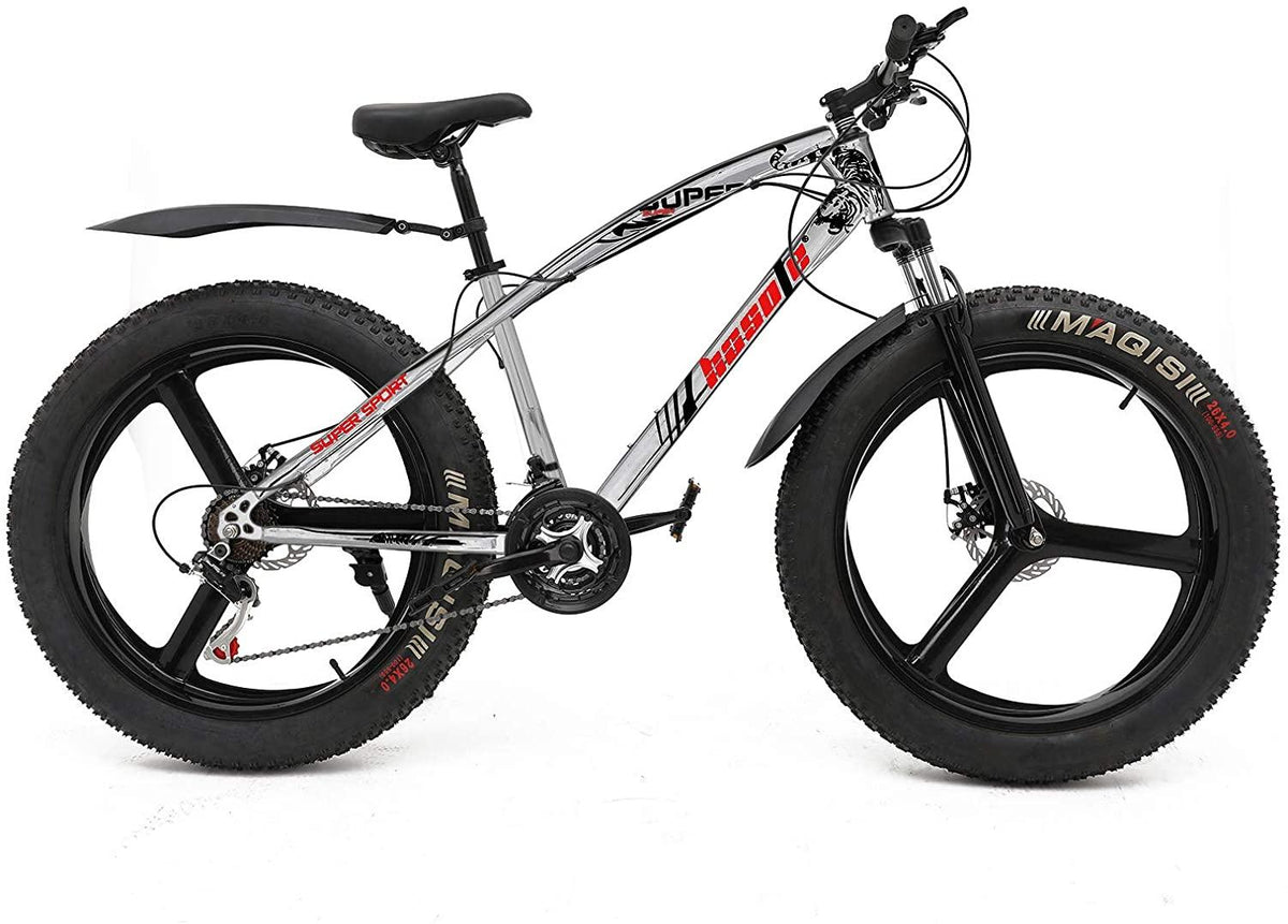 hosote Fat Tire Bike for Men, 26 Inch  21 Speed Mountain Bike, 4 inch Wide Tire Beach Snow Mountain Bicycle, Suspension Fork Dual Disc Brakes MTB with 3 Spoke Wheel