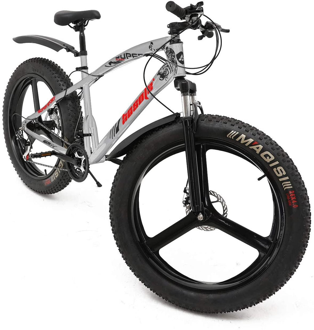 hosote Fat Tire Bike for Men, 26 Inch  21 Speed Mountain Bike, 4 inch Wide Tire Beach Snow Mountain Bicycle, Suspension Fork Dual Disc Brakes MTB with 3 Spoke Wheel