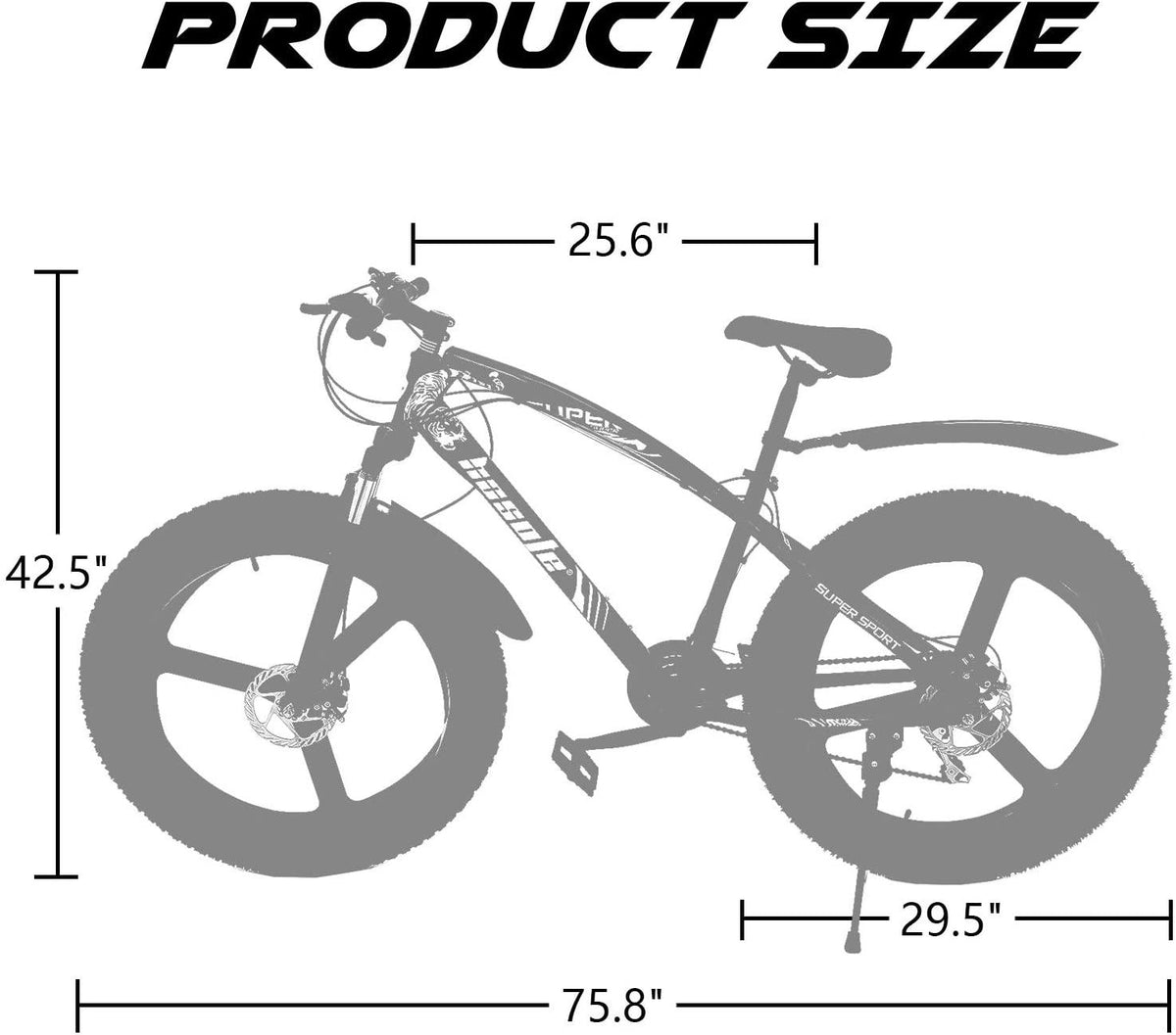 hosote Fat Tire Bike for Men, 26 Inch  21 Speed Mountain Bike, 4 inch Wide Tire Beach Snow Mountain Bicycle, Suspension Fork Dual Disc Brakes MTB with 3 Spoke Wheel