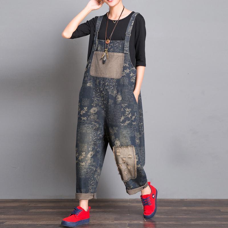 Loose Retro Floral Patch Denim Jumpsuit