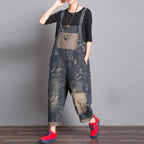 Loose Retro Floral Patch Denim Jumpsuit
