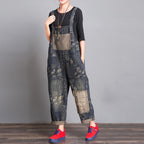 Loose Retro Floral Patch Denim Jumpsuit